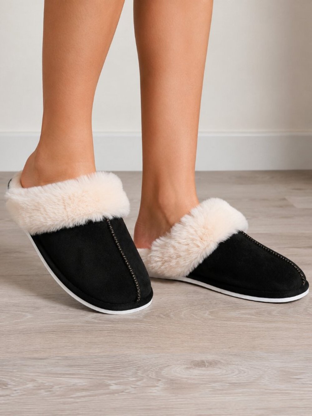 Fuzzy Faux Fur House Slippers Black & Blush Pink Women’s Size 7-8 NWOT